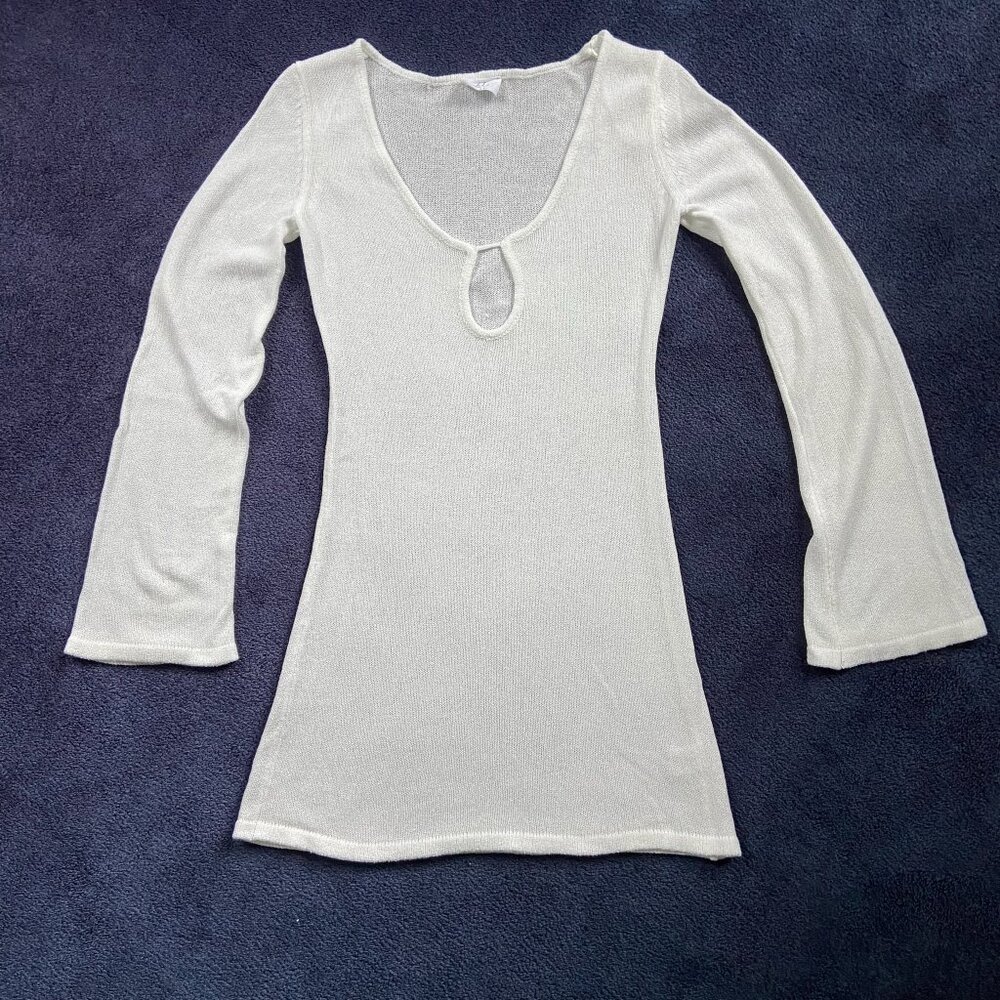 Like New Bobbles & Lace Chic Sheer White Knit Scoop Neck Top w/ Keyhole Detail M